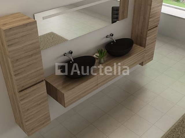 Badkamermeubel baveno | 180 cm | met zijkasten | licht hout decor met 2 zwarte waskommen | incl. kranen - afbeelding 1 van  5