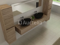 Badkamermeubel baveno | 180 cm | met zijkasten | licht hout decor met 2 zwarte waskommen | incl. kranen