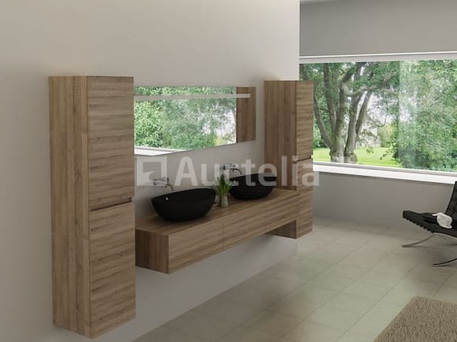 Badkamermeubel baveno | 180 cm | met zijkasten | licht hout decor met 2 zwarte waskommen | incl. kranen - afbeelding 3 van  5