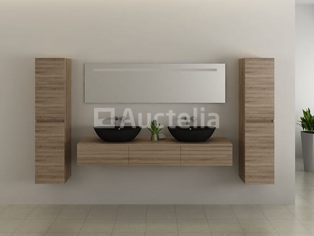Badkamermeubel baveno | 180 cm | met zijkasten | licht hout decor met 2 zwarte waskommen | incl. kranen - afbeelding 4 van  5