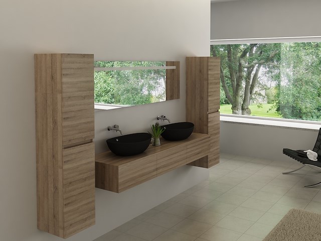 Badkamermeubel baveno | 180 cm | met zijkasten | licht hout decor met 2 zwarte waskommen | incl. kranen - afbeelding 1 van  5