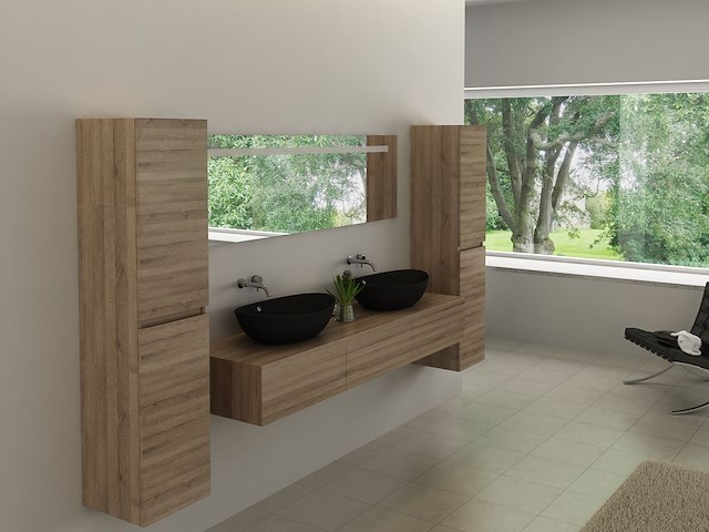 Badkamermeubel baveno | 180 cm | met zijkasten | licht hout decor met 2 zwarte waskommen | incl. kranen - afbeelding 1 van  5