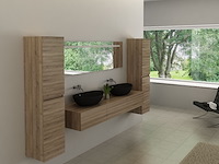 Badkamermeubel baveno | 180 cm | met zijkasten | licht hout decor met 2 zwarte waskommen | incl. kranen