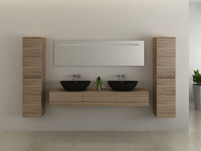 Badkamermeubel baveno | 180 cm | met zijkasten | licht hout decor met 2 zwarte waskommen | incl. kranen - afbeelding 2 van  5