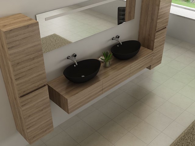 Badkamermeubel baveno | 180 cm | met zijkasten | licht hout decor met 2 zwarte waskommen | incl. kranen - afbeelding 3 van  5