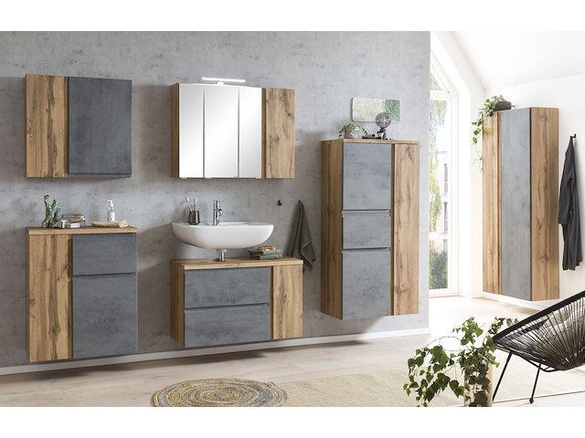 Badkamerset varese | wastafel en spiegelkast met verlichting | wotan oak/beton-design - afbeelding 3 van  7