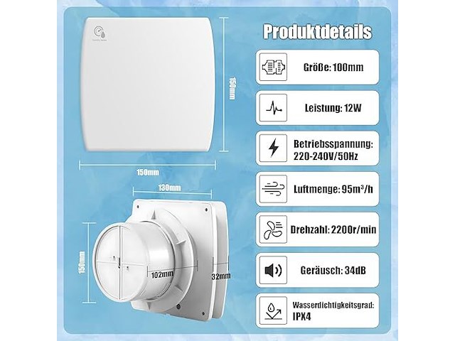 Badkamerventilator 100 mm met naloop en vochtigheidssensor - afbeelding 2 van  2
