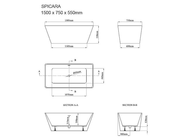 Baignoire îlot rectangulaire - 208 l - blanche - acrylique - afbeelding 6 van  8