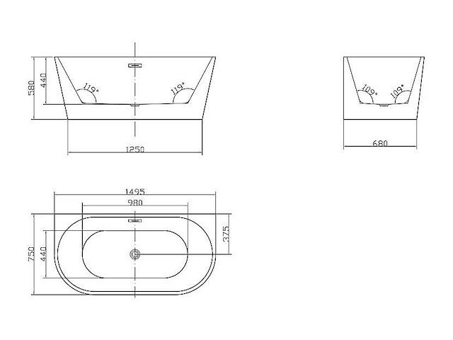 Baignoire semi îlot - 200l - 149,5 x 75 x 58 cm - blanche - acrylique - afbeelding 6 van  7