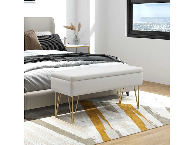 Bankbank 2-in-1 opbergkist van stof met speldpoten in goudstaal 100 x 40 x 49 cm crèmekleurig - afbeelding 1 van  5