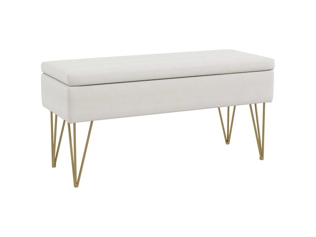 Bankbank 2-in-1 opbergkist van stof met speldpoten in goudstaal 100 x 40 x 49 cm crèmekleurig - afbeelding 2 van  5