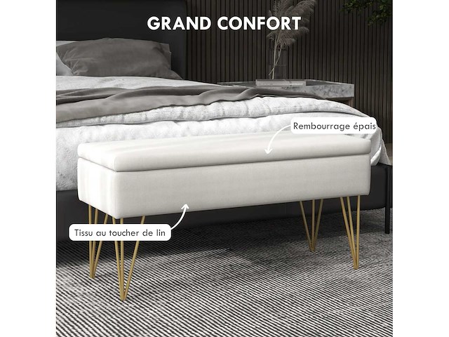 Bankbank 2-in-1 opbergkist van stof met speldpoten in goudstaal 100 x 40 x 49 cm crèmekleurig - afbeelding 4 van  5