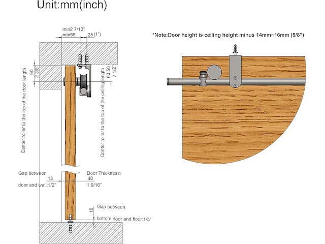 Barn-door single schuifdeur beslag 6ft geborsteld rvs plafondmontage - afbeelding 6 van  6