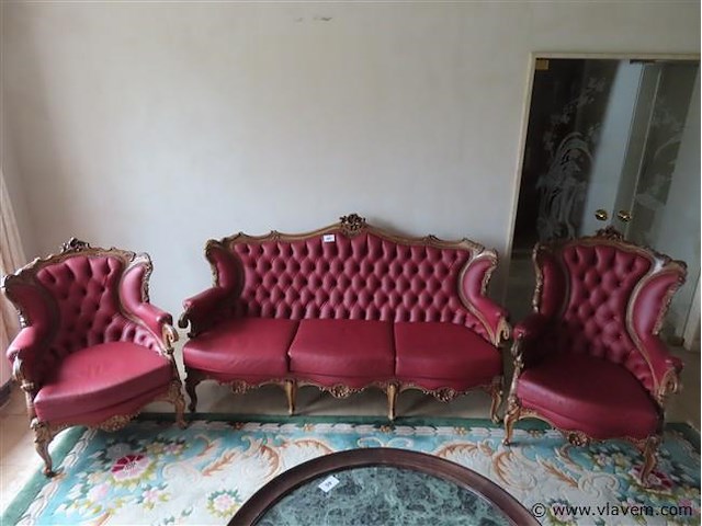 Barok salon 3+1+1 leder en houtsnijwerk - afbeelding 1 van  9
