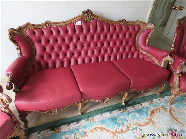 Barok salon 3+1+1 leder en houtsnijwerk - afbeelding 3 van  9