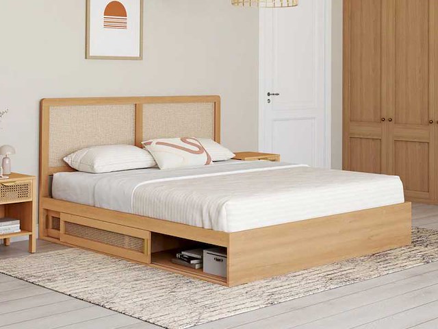 Bed met cane hoofdeinde en ingebouwde lades 160x200cm - afbeelding 1 van  10