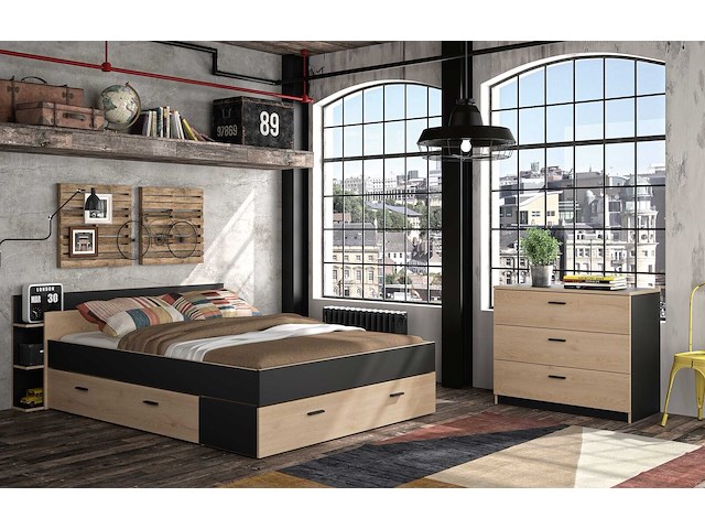 Bed met opbergruimte eveline 160x200 - zwart/kastanjehout - afbeelding 6 van  7