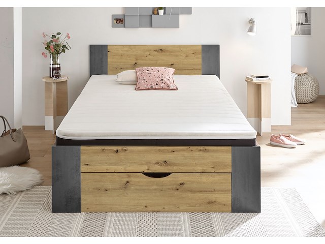 Bed rudi 140x200 met 1 lade - oude eik/beton - afbeelding 2 van  2