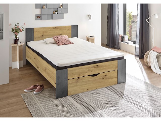 Bed rudi 140x200 met 1 lade - oude eik/beton - afbeelding 1 van  2