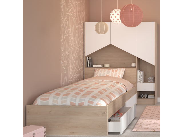 Bed shelby 90x200 cm met 2 opberglades en achterbouw-eik/wit - afbeelding 1 van  5