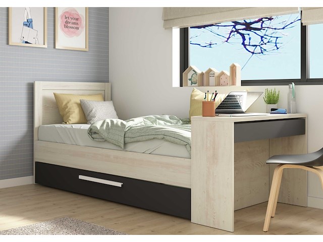 Bed shipley 90x200 met bureau en bedlade - grenen/ wit - afbeelding 1 van  7