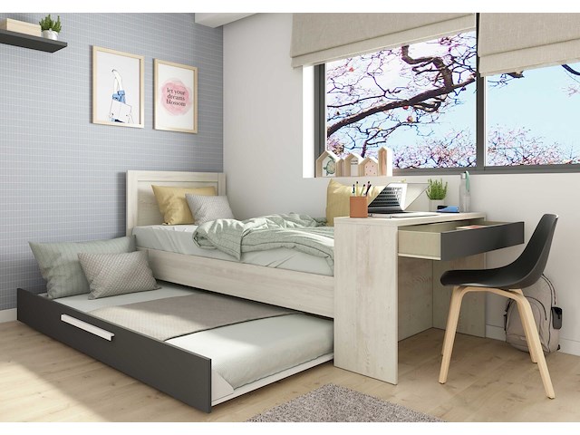 Bed shipley 90x200 met bureau en bedlade - grenen/ wit - afbeelding 2 van  7