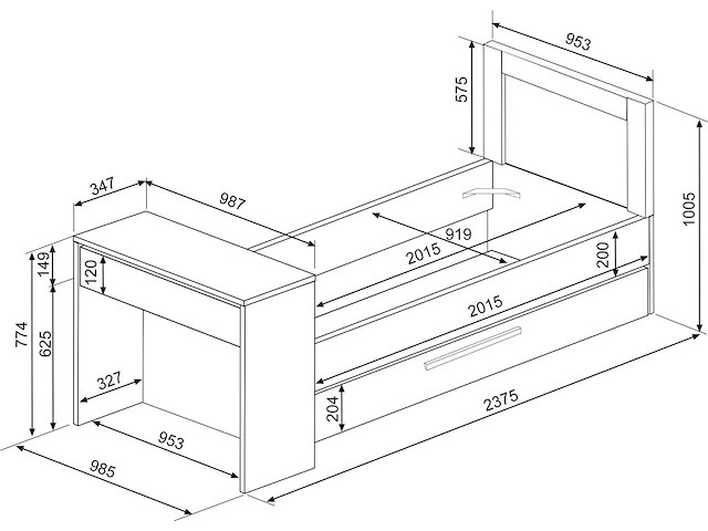 Bed shipley 90x200 met bureau en bedlade - grenen/ wit - afbeelding 6 van  7