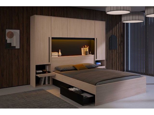 Bedbrug ponte 265cm met twee nachttafeltjes en led-verlichting - eikdecor/zwart - afbeelding 1 van  7