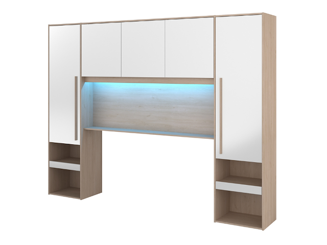 Bedbrug ponte 265cm met twee nachttafeltjes en led-verlichting - hoogglans wit/eikdecor - afbeelding 4 van  8