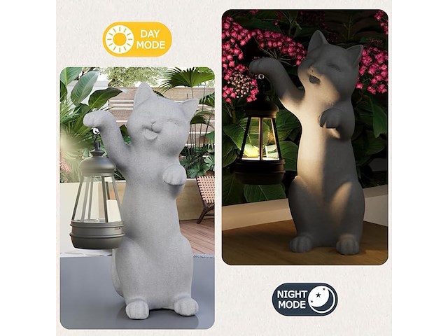 Beeld kat met solar-lantaarn - afbeelding 1 van  3