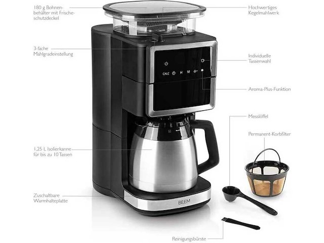 Beem fresh-aroma-perfect iii thermo koffiemachine, 1000w, met molen, zwart/roestvrij staal - afbeelding 3 van  5