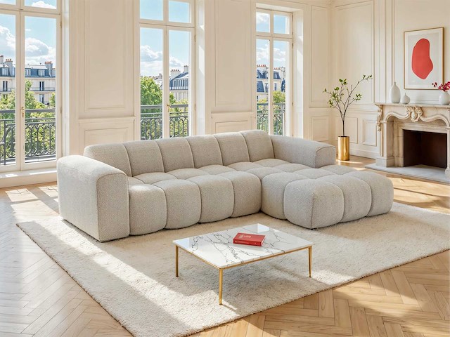 Beige chenille stof rechter hoek bank van maison céphy - afbeelding 1 van  7