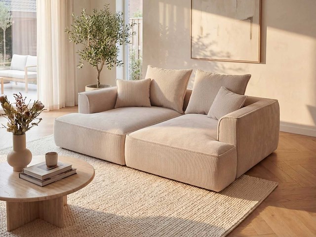 Beige ribfluwelen diepzitter 3-zits comfort bank - afbeelding 1 van  6