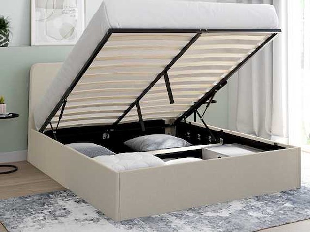 Beige stoffen borstbed met bedvoet en afgerond hoofdeinde 140x190cm - afbeelding 1 van  9