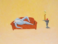 Benoît van innis (1960-2024), 'man op canapé', 2002, oil on canvas 46 x 55 cm. (18.10 x 21.64 in.)