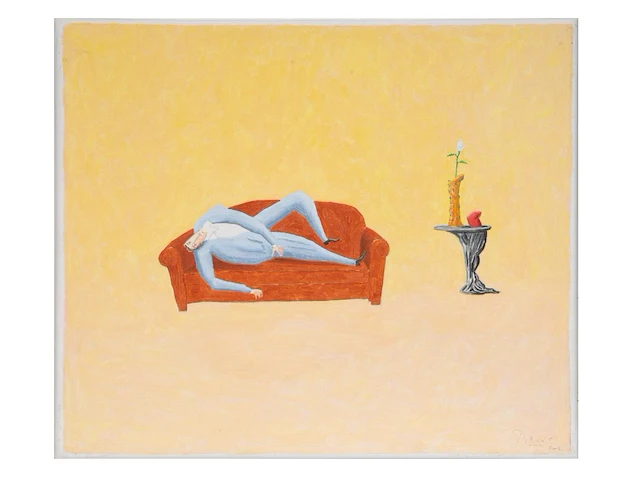Benoît van innis (1960-2024), 'man op canapé', 2002, oil on canvas 46 x 55 cm. (18.10 x 21.64 in.) - afbeelding 2 van  6
