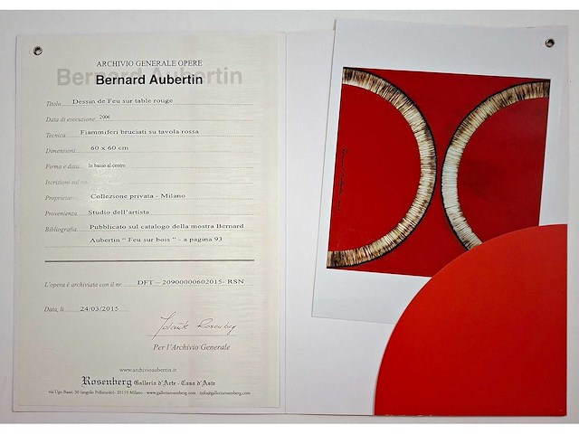 Bernard aubertin - dessin de feu sur table rouge - mixed media op paneel - 60x60 cm - afbeelding 4 van  9