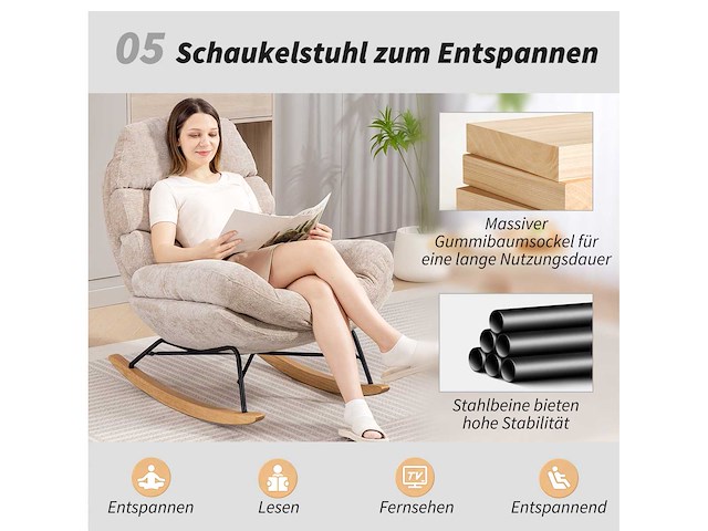 Bestoffeerde schommelstoel, stalen poten en houten glijbroeken, bruin - afbeelding 11 van  11