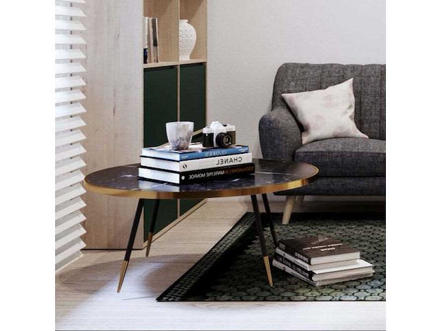 Bethan gray ronde salontafel in zwart marmer - 100 cm diameter blad en messing constructie - afbeelding 4 van  6