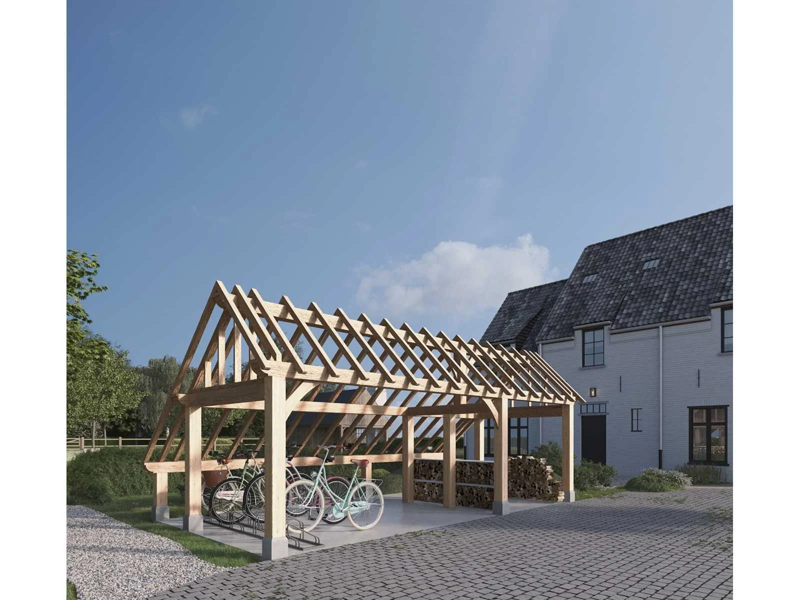 Bezorgveiling van douglas, fijnspar en eiken bijgebouwen, chalets, carports, poolhouses en paardenstallen.