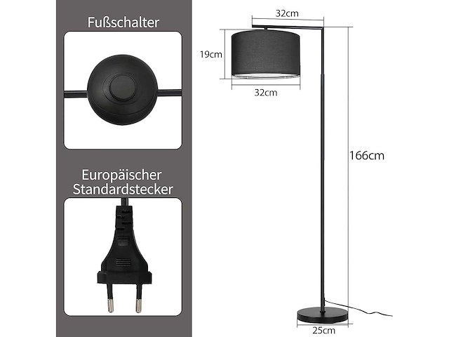 Black arch vloerlamp lampenkap vintage e27 voetschakelaar 166cm - afbeelding 6 van  6