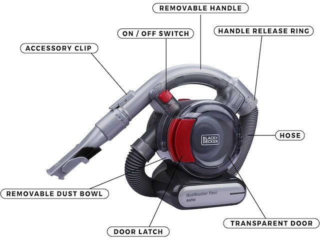 Black+decker zakloze dustbuster handstofzuiger met flexibele slang en 12v autoaansluiting - afbeelding 3 van  5