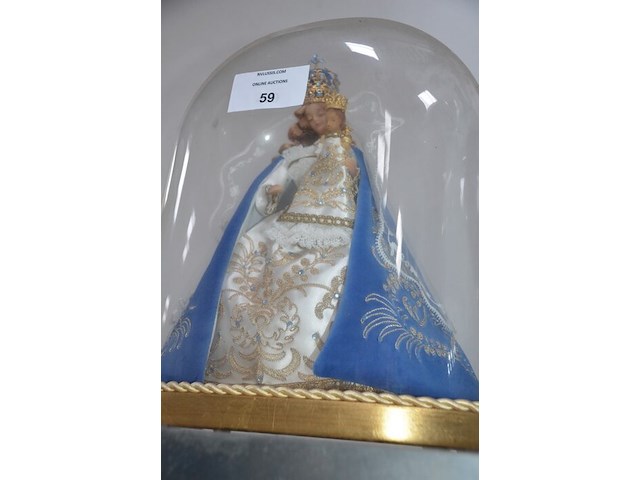 Blauw delfst aardewerk met deksel, blauw delfst vaas, mariabeeld onder glazen stolp, ronde wandklok, glazen vaas, ronde spiegel - afbeelding 8 van  11