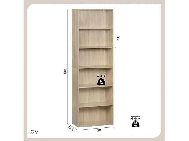 Boekenkast 6-laags plank, open plank, vrijstaande kast, 60x180x23,5 cm, licht eiken - afbeelding 4 van  5