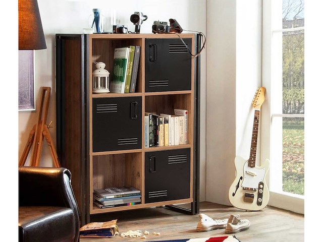 Boekenkast sapphire - 89x35x127cm - 3 deuren - zwart metaal/eikdecor - afbeelding 1 van  6