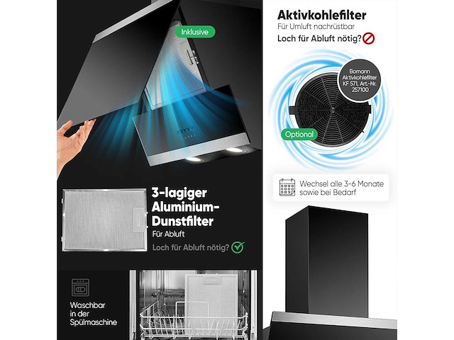 Bomann du 7610 g 60 cm afzuigkap - zwart - afbeelding 3 van  7