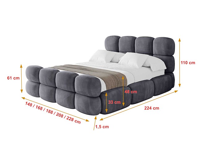 Borstbed 200 x 200 - met matras - donkergrijs fluweel - afbeelding 3 van  7