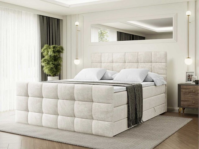 Box spring bed 140x200 - matras - matras topper - borst - beige fluweel - afbeelding 1 van  10