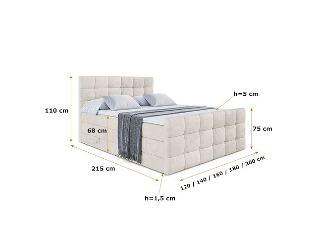 Box spring bed 140x200 - matras - matras topper - borst - beige fluweel - afbeelding 9 van  10
