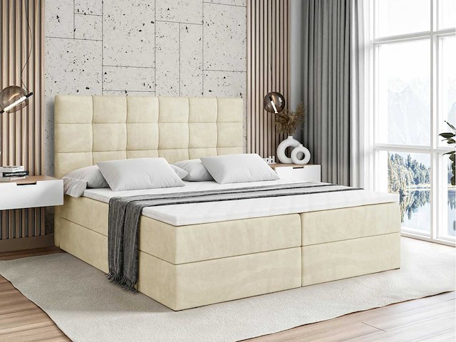 Box spring bed 140x200 - matras - matras topper - borst - beige fluweel - afbeelding 1 van  8